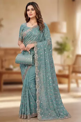 Sky Blue Color Beeds Work Silk Blend Saree
