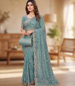 Sky Blue Color Beeds Work Silk Blend Saree