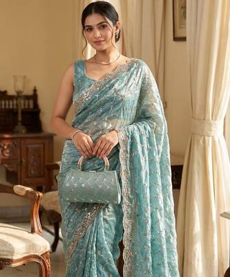Sky Blue Color Beeds Work Silk Blend Saree 2