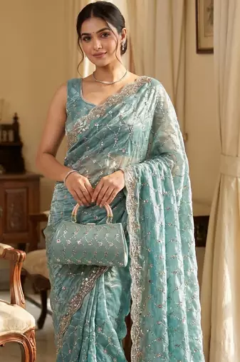 Sky Blue Color Beeds Work Silk Blend Saree