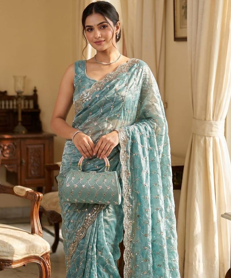 Sky Blue Color Beeds Work Silk Blend Saree