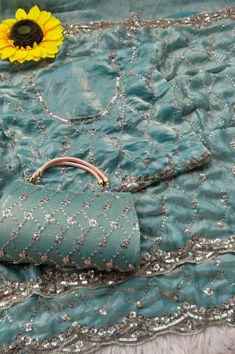 Sky Blue Color Beeds Work Silk Blend Saree