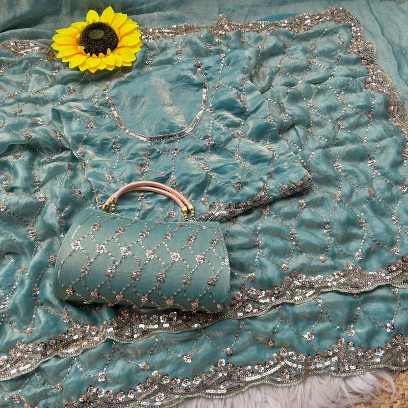 Sky Blue Color Beeds Work Silk Blend Saree