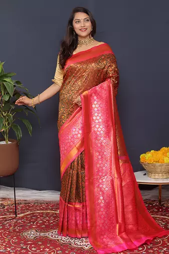 Coffee brown banarasi silk blend saree with hot pink zari border & woven pallu