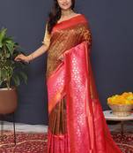Coffee brown banarasi silk blend saree with hot pink zari border & woven pallu