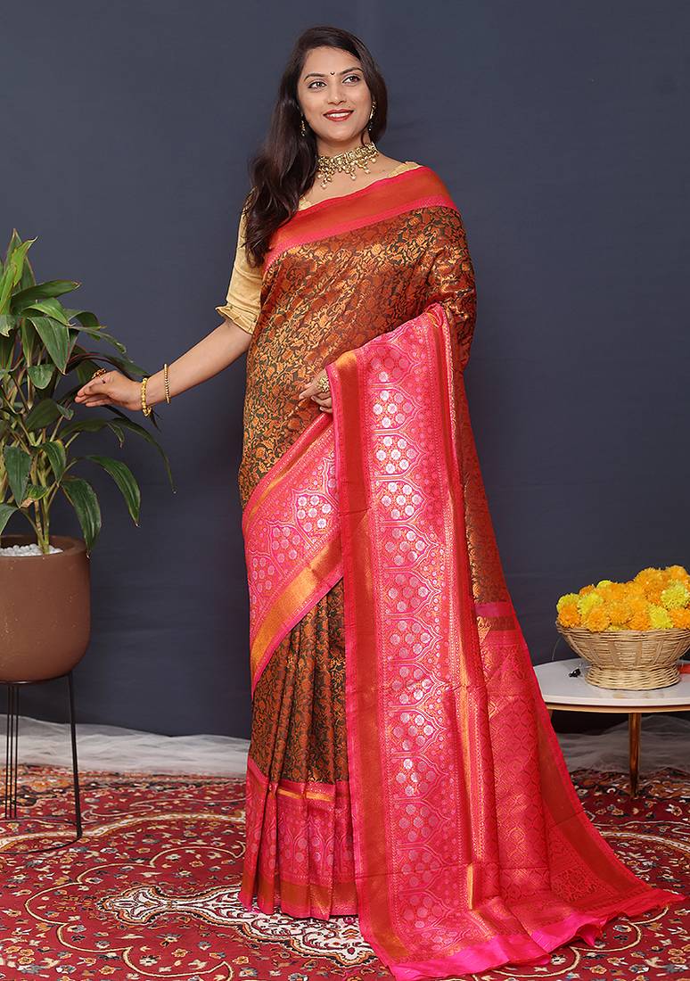 Coffee brown banarasi silk blend saree with hot pink zari border & woven pallu
