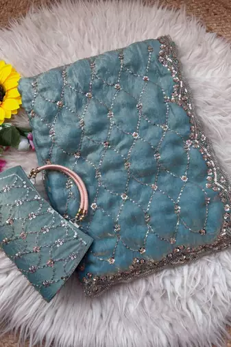 Sky Blue Color Beeds Work Silk Blend Saree