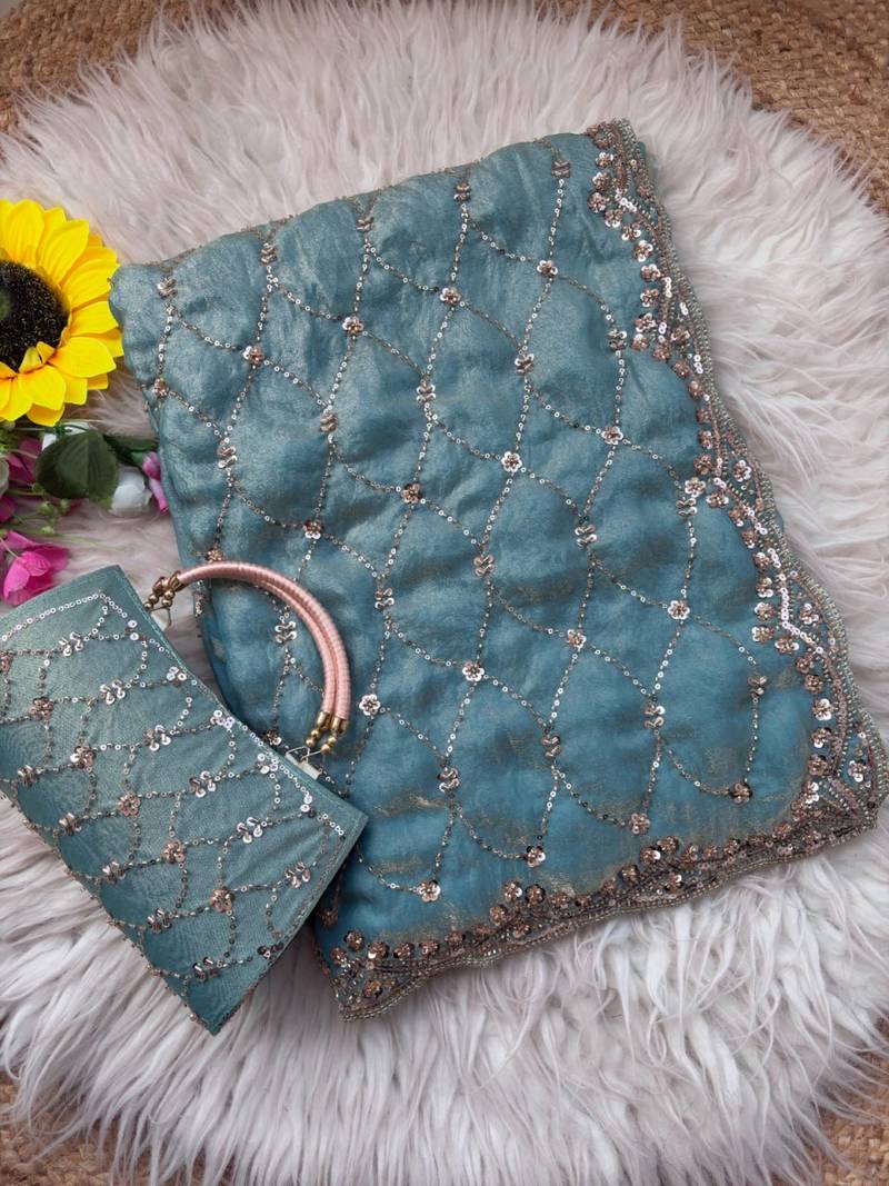Sky Blue Color Beeds Work Silk Blend Saree