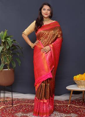 Coffee brown banarasi silk blend saree with hot pink zari border & woven pallu 2