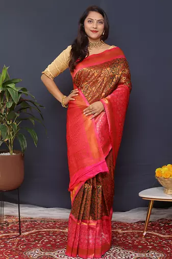 Coffee brown banarasi silk blend saree with hot pink zari border & woven pallu