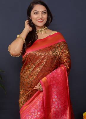 Coffee brown banarasi silk blend saree with hot pink zari border & woven pallu 3