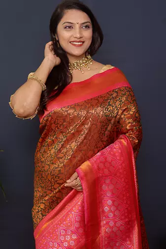 Coffee brown banarasi silk blend saree with hot pink zari border & woven pallu