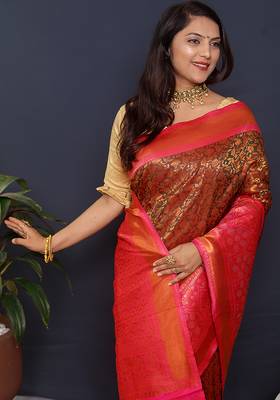Coffee brown banarasi silk blend saree with hot pink zari border & woven pallu 4