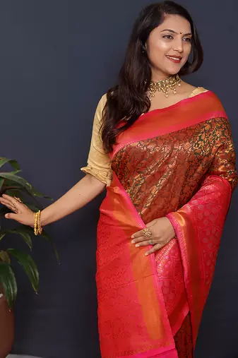 Coffee brown banarasi silk blend saree with hot pink zari border & woven pallu