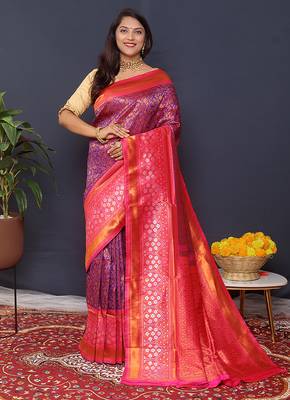 Purple banarasi silk blend saree with rani pink zari border & woven pallu 1