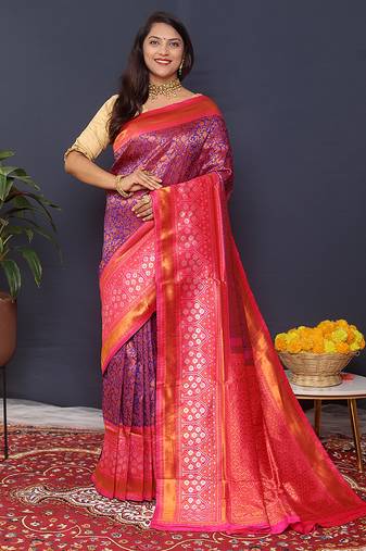 Purple banarasi silk blend saree with rani pink zari border & woven pallu