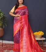 Purple banarasi silk blend saree with rani pink zari border & woven pallu