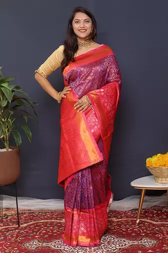 Purple banarasi silk blend saree with rani pink zari border & woven pallu