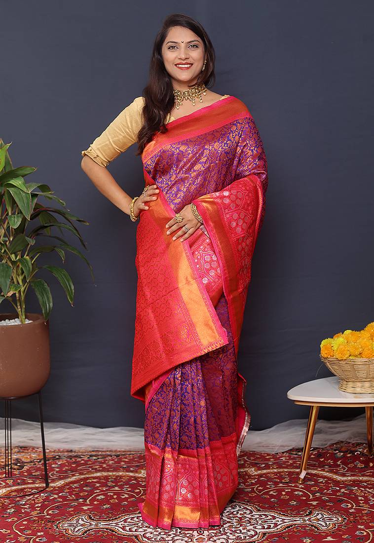 Purple banarasi silk blend saree with rani pink zari border & woven pallu