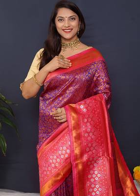 Purple banarasi silk blend saree with rani pink zari border & woven pallu 3