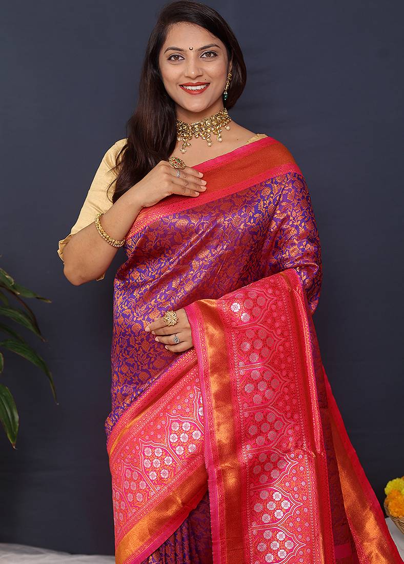 Purple banarasi silk blend saree with rani pink zari border & woven pallu