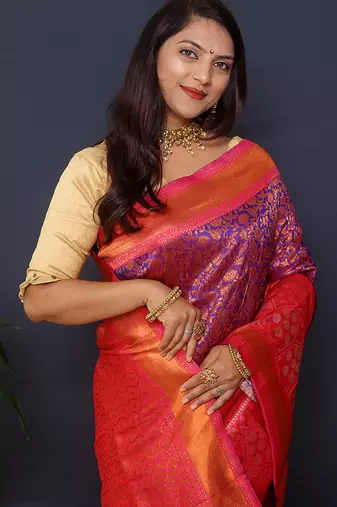 Purple banarasi silk blend saree with rani pink zari border & woven pallu