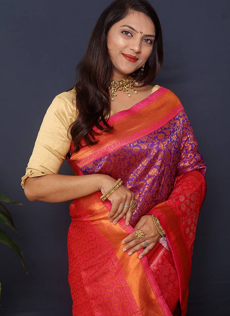 Purple banarasi silk blend saree with rani pink zari border & woven pallu