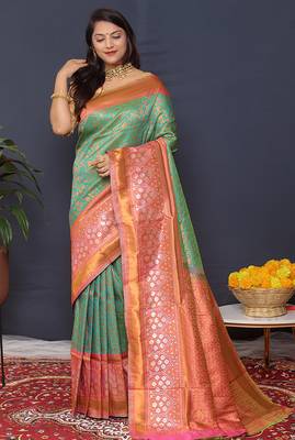 Sea green banarasi silk blend saree with coral  pink zari border & woven pallu 1