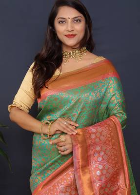 Sea green banarasi silk blend saree with coral  pink zari border & woven pallu 3