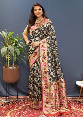 Black banarasi silk blend saree with multi-color meenakari floral border 1
