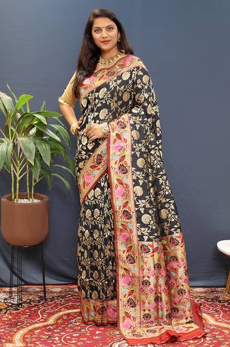 Black banarasi silk blend saree with multi-color meenakari floral border