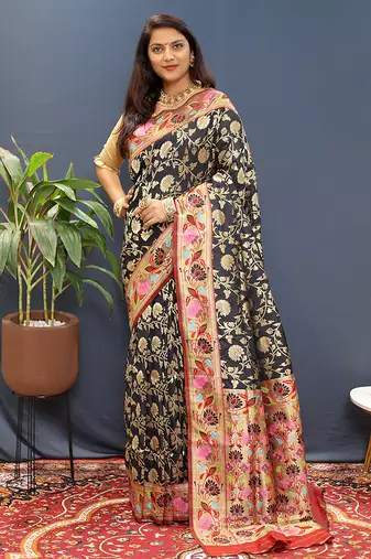 Black banarasi silk blend saree with multi-color meenakari floral border