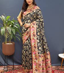 Black banarasi silk blend saree with multi-color meenakari floral border