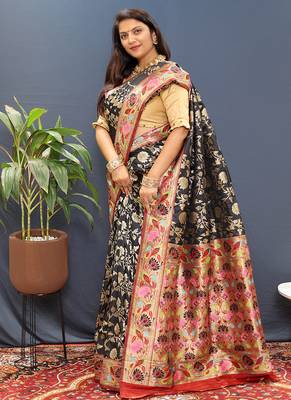 Black banarasi silk blend saree with multi-color meenakari floral border 2