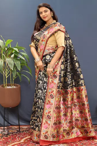 Black banarasi silk blend saree with multi-color meenakari floral border