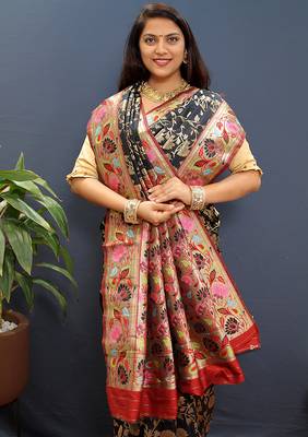 Black banarasi silk blend saree with multi-color meenakari floral border 3