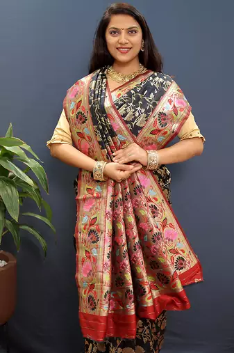 Black banarasi silk blend saree with multi-color meenakari floral border