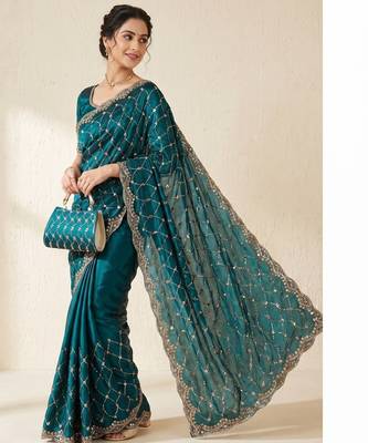 Teal Color Beeds Work Silk Blend Saree 1