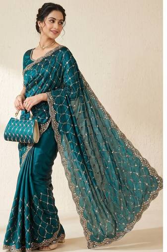 Teal Color Beeds Work Silk Blend Saree