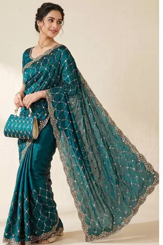 Teal Color Beeds Work Silk Blend Saree