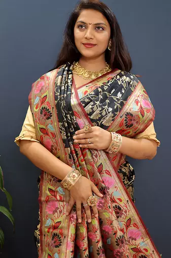 Black banarasi silk blend saree with multi-color meenakari floral border