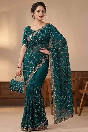 Teal Color Beeds Work Silk Blend Saree