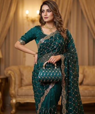 Teal Color Beeds Work Silk Blend Saree 3