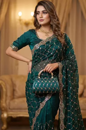 Teal Color Beeds Work Silk Blend Saree