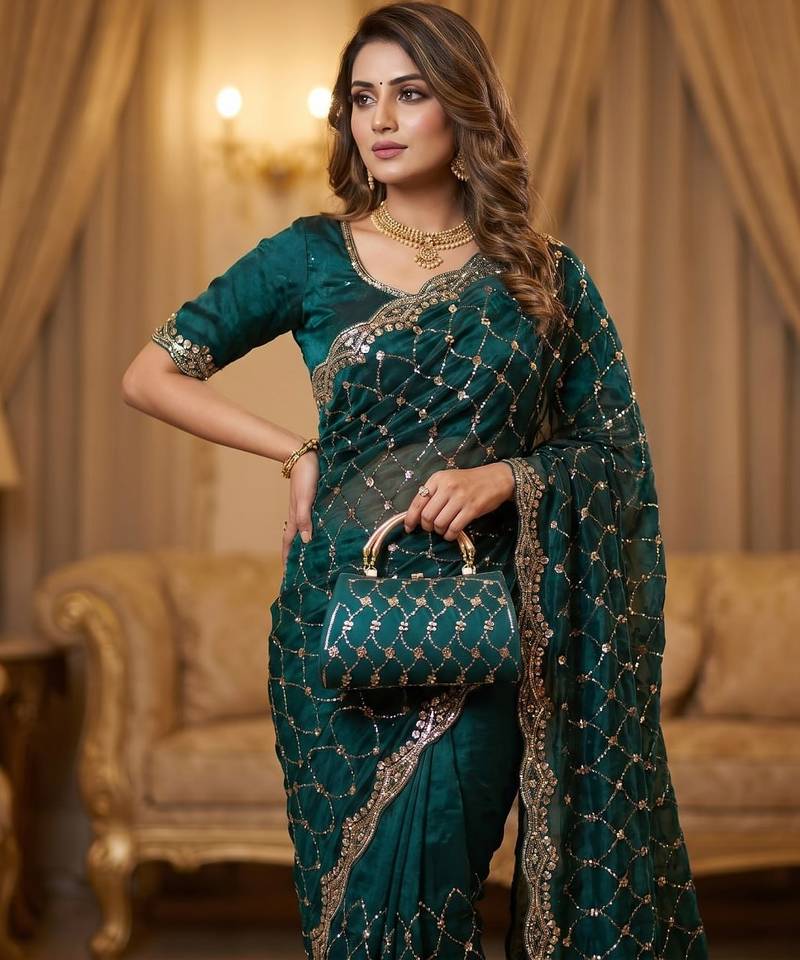 Teal Color Beeds Work Silk Blend Saree