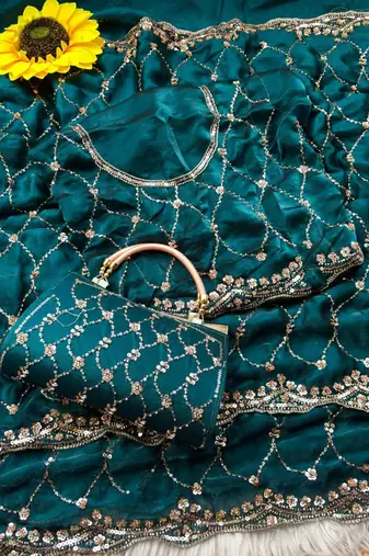 Teal Color Beeds Work Silk Blend Saree