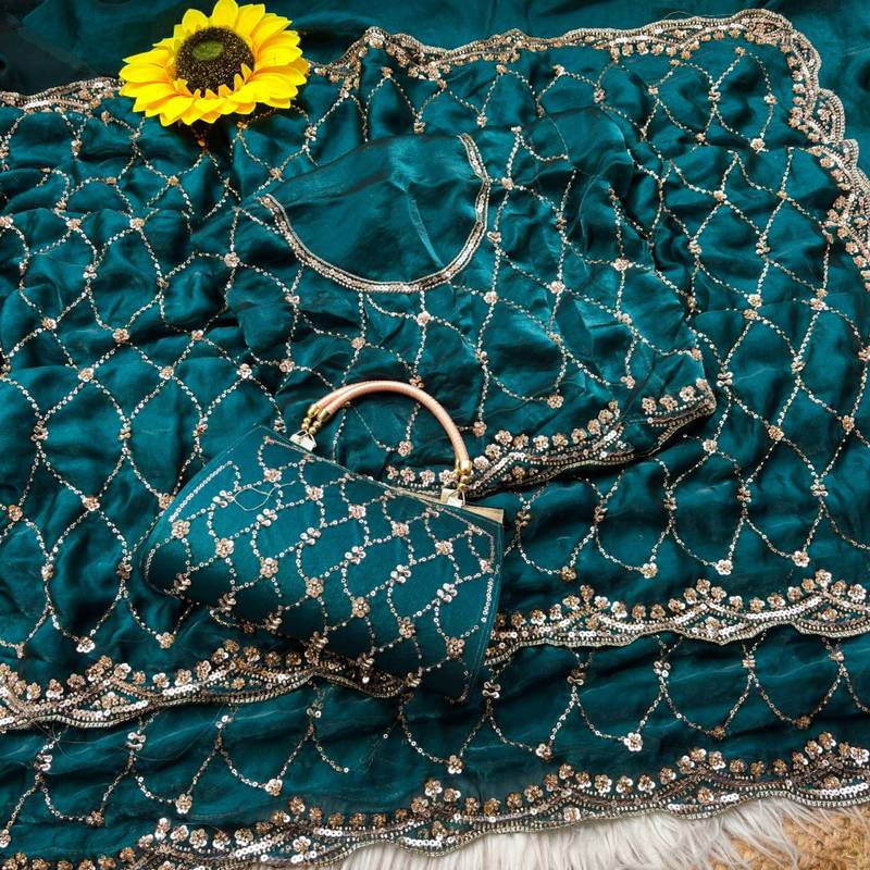 Teal Color Beeds Work Silk Blend Saree