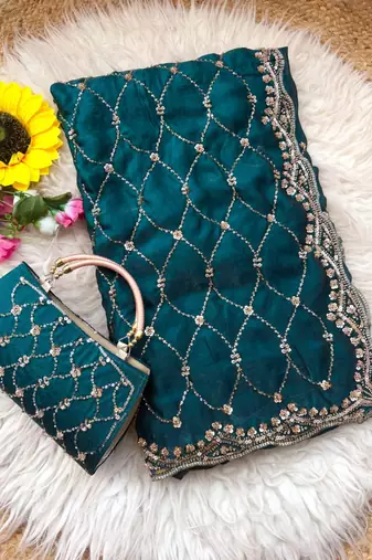 Teal Color Beeds Work Silk Blend Saree