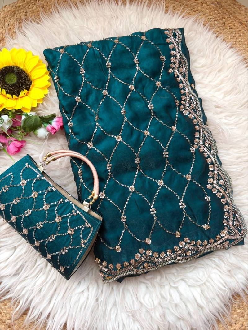 Teal Color Beeds Work Silk Blend Saree