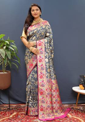 Grey banarasi silk blend saree with multi-color meenakari floral border 1